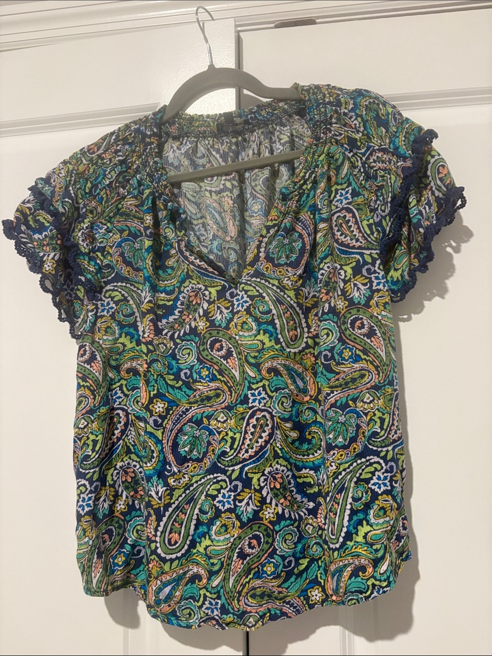 Democracy Paisley V-Neck Blouse in Blue and Green
